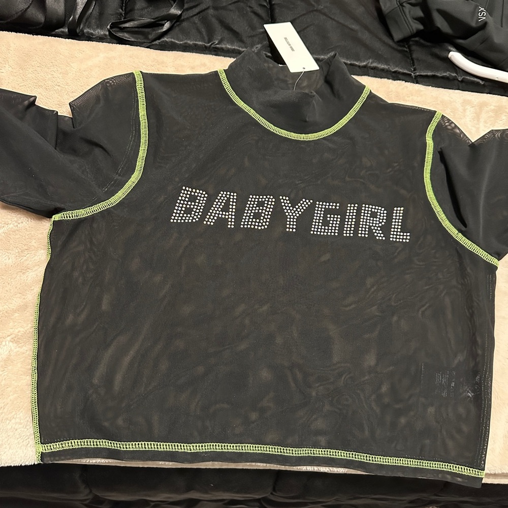 NWT Urban Outfitters sheer babygirl cropped shirt w “Babygirl” in bling Large